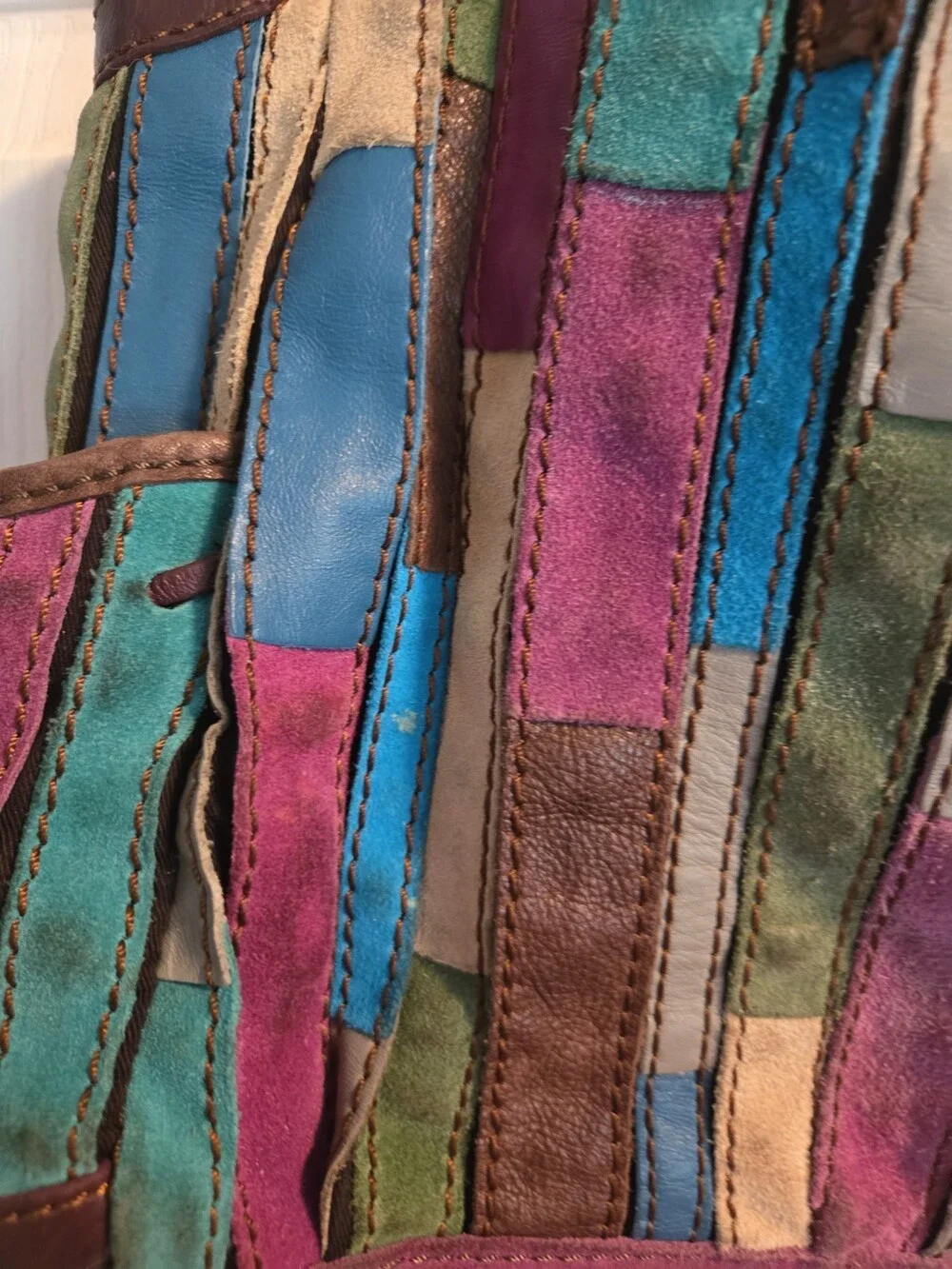 Lucky Brand Leather Hobo Tote Brown Blue Pink Patchwork - Used